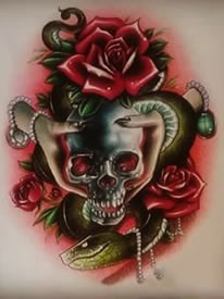 欧美骷髅花卉蛇school纹身图案手稿