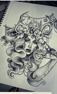 欧美女郎上帝之眼写实纹身图案手稿