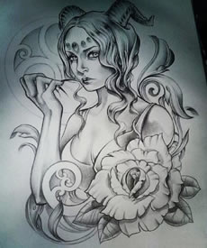 欧美school女郎花卉黑灰纹身图案手稿