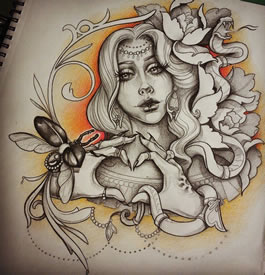 欧美school女郎蝴蝶纹身图案手稿