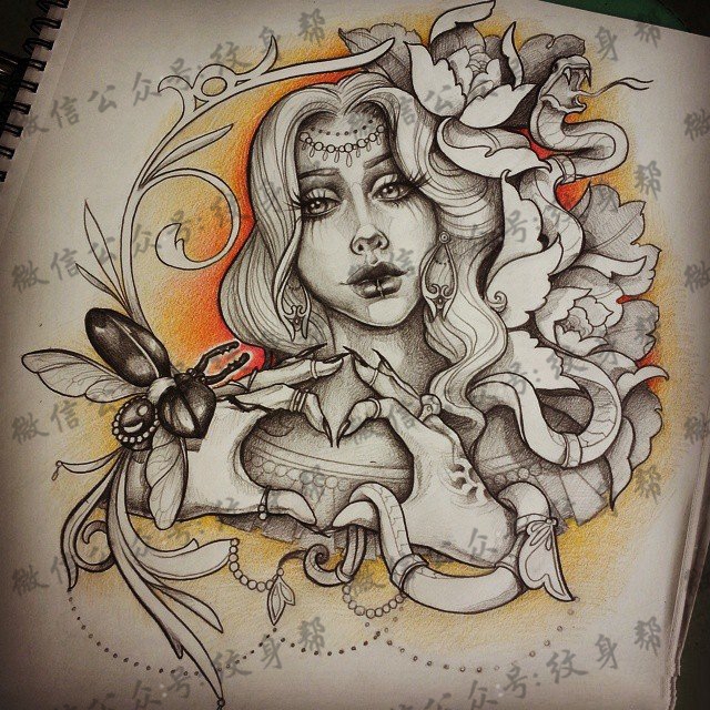 欧美school女郎蝴蝶纹身图案手稿