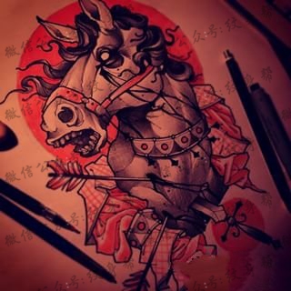 欧美new school马纹身图案手稿