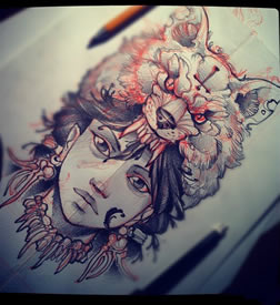 欧美吉普赛女郎狼头纹身图案