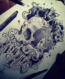 欧美school骷髅老鼠纹身图案手稿