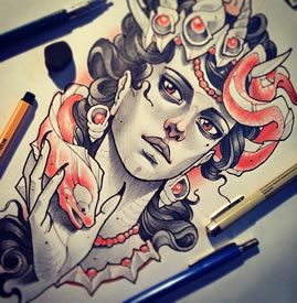 欧美school女郎鳗鱼纹身图案手稿