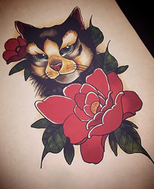 欧美school猫花卉纹身图案手稿