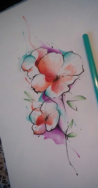 欧美泼墨花卉小清新纹身图案手稿