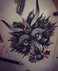 欧美暗黑系school狼头纹身图案手稿
