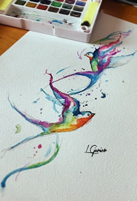 欧美school泼墨鸟小清新纹身图案手稿