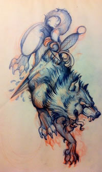 欧美school狼头匕首纹身图案手稿