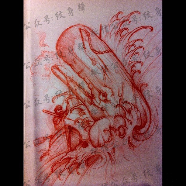 欧美school鲸鱼海浪纹身图案手稿
