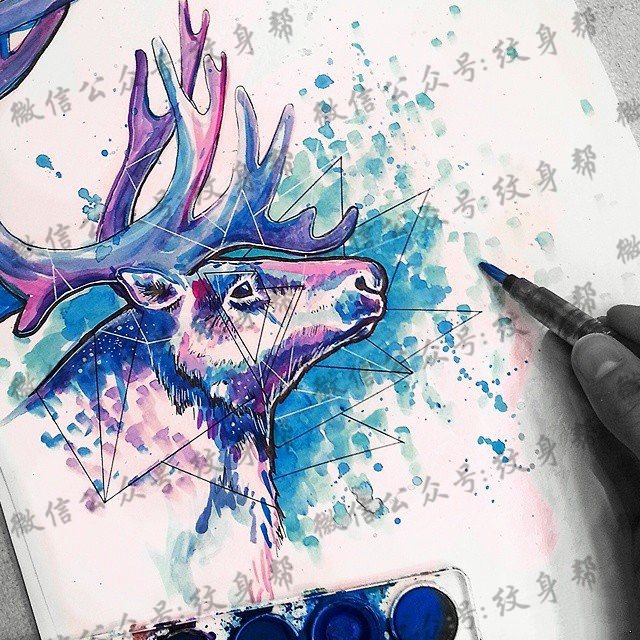 欧美泼墨school麋鹿纹身图案手稿