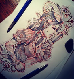 欧美school牛仔女郎纹身图案手稿