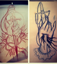 欧美手花卉匕首纹身图案手稿