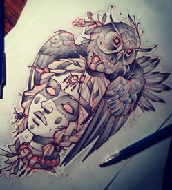 欧美schoo猫头鹰l女郎纹身图案手稿