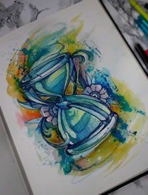 欧美沙漏泼墨纹身图案手稿