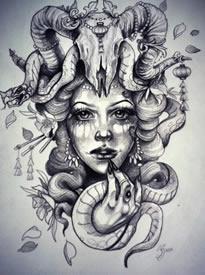 欧美school女郎骷髅羚羊纹身图案手稿