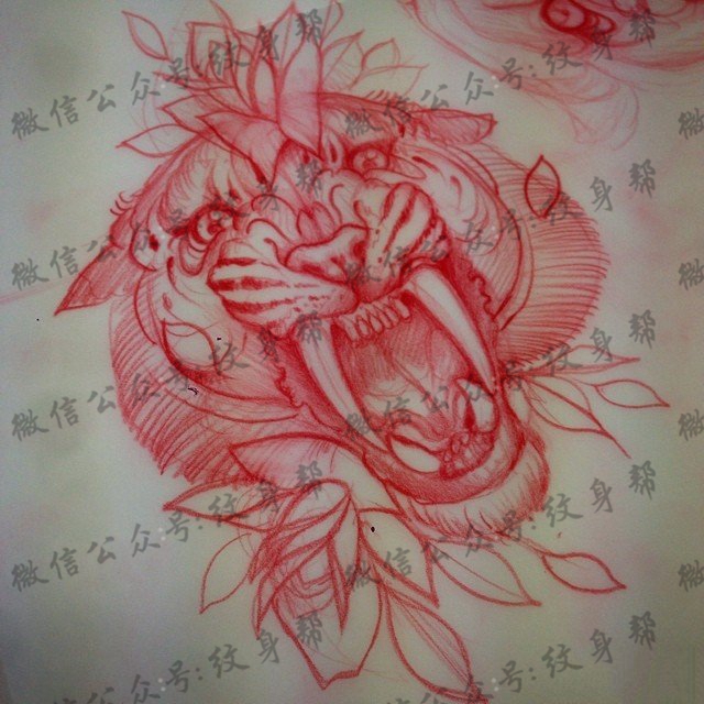 老虎花卉纹身图案手稿