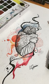 欧美小清新泼墨心脏纹身图案手稿