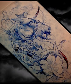 欧美school独角兽花卉纹身图案手稿