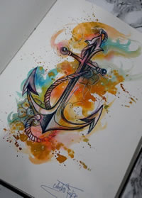 欧美泼墨船锚纹身图案手稿