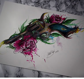 欧美花卉泼墨枪花纹身图案手稿