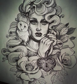 欧美女郎school猫头鹰纹身图案手稿