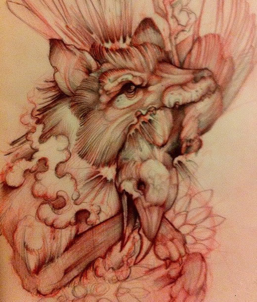 欧美狼鸟纹身图案手稿