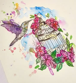 欧美泼墨鸟鸟笼纹身图案手稿