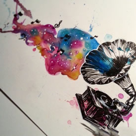 欧美收音机彩色泼墨纹身图案手稿