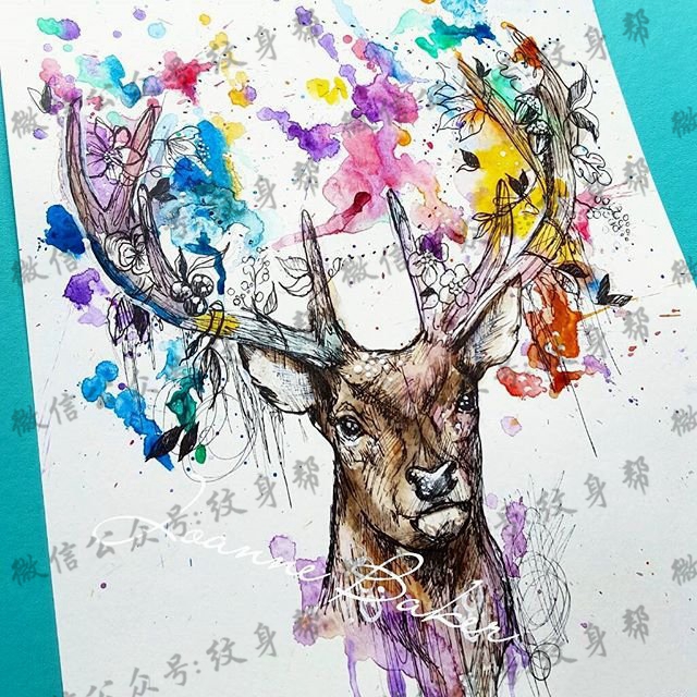 欧美泼墨麋鹿纹身图案