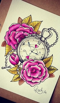 欧美彩色玫瑰时钟纹身图案手稿