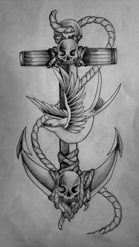 欧美燕子船锚骷髅纹身图案手稿