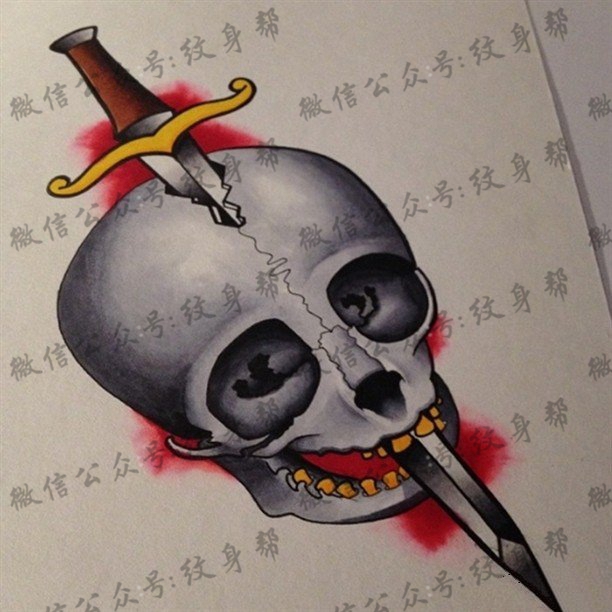 欧美school骷髅匕首纹身图案手稿