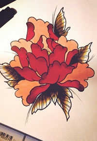 传统牡丹彩色纹身图案手稿