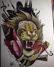 欧美狮子彩色纹身图案手稿