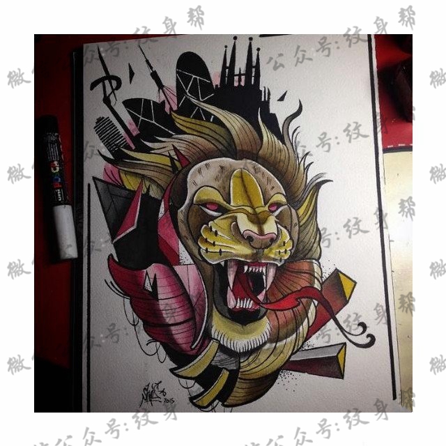 欧美狮子彩色纹身图案手稿