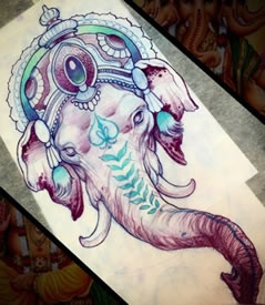 彩色象神传统纹身图案手稿