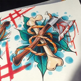 new school 斧头骨头彩色纹身图案手稿