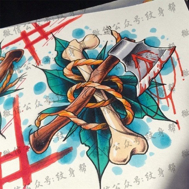 new school 斧头骨头彩色纹身图案手稿