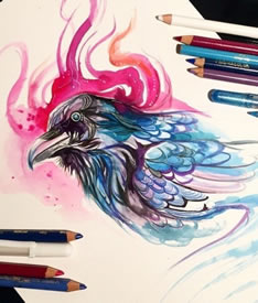 欧美彩色泼墨鸟纹身图案手稿