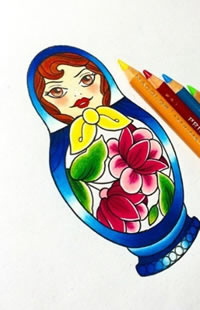 欧美彩色套娃纹身图案手稿