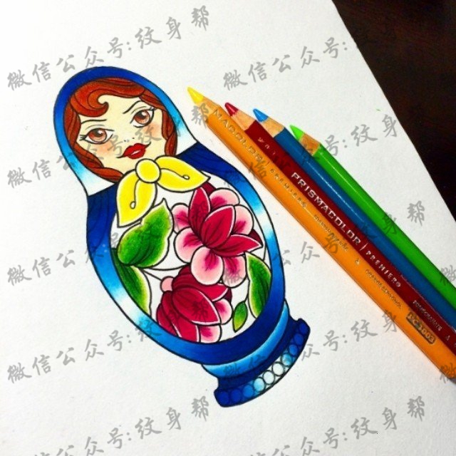 欧美彩色套娃纹身图案手稿