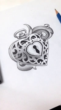 欧美心锁纹身图案手稿