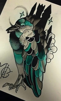 欧美school鸟城堡纹身图案手稿