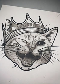 欧美猫皇冠纹身图案手稿