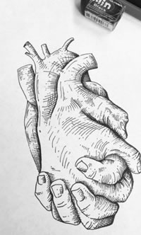 欧美黑灰手心脏纹身图案手稿