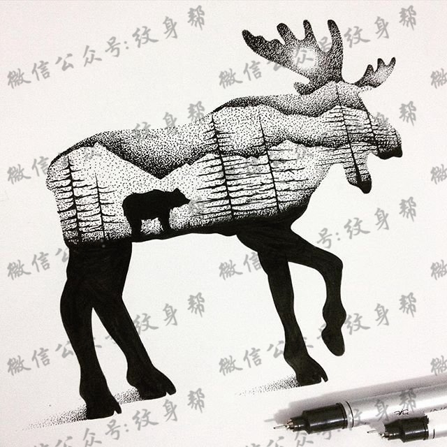 欧美点刺麋鹿熊树林纹身图案手稿