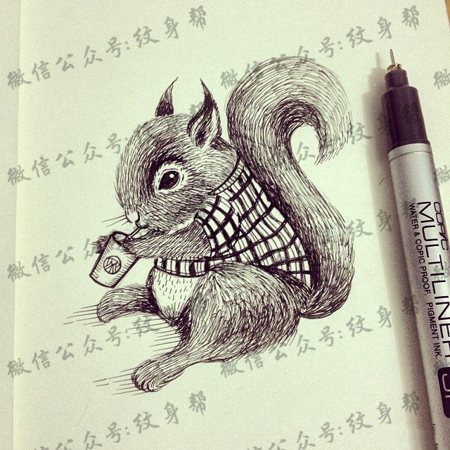 小清新松鼠点刺欧美纹身图案手稿
