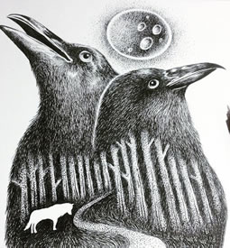 欧美点刺乌鸦树林纹身图案手稿